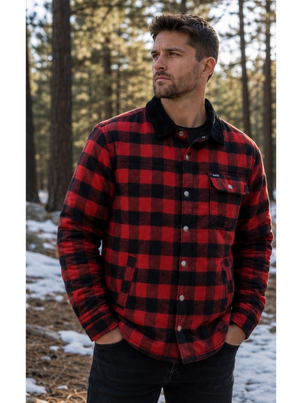 Brixton Cass Quilted Plaid Shacket Buffalo Check Jacket in Red & Black Sz M